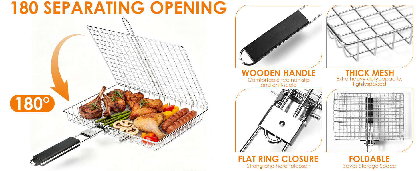 Text reads '180 SEPARATING OPENING' and '180°'. Stainless steel grill basket with 180-degree hinged opening mechanism, shown with grilled food and folded mesh design for cooking and serving.