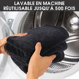 placé devant la machine à laver ouverte. Le texte indique qu'il est lavable en machine et réutilisable jusqu'à 500 fois.
