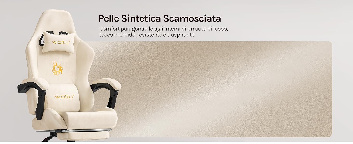 Il testo recita «Pelle Sintetica Scamosciata». Materiale scamosciato sintetico beige mostrato in primo piano e manipolato per dimostrare la consistenza.