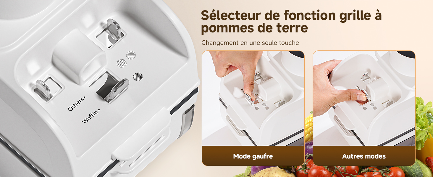 Le texte se lit comme suit : « Sélecteur de fonction grillé à pommes de terre ». Série d'images montrant l'interface d'un appareil de cuisine avec différents réglages de fonction et commandes.