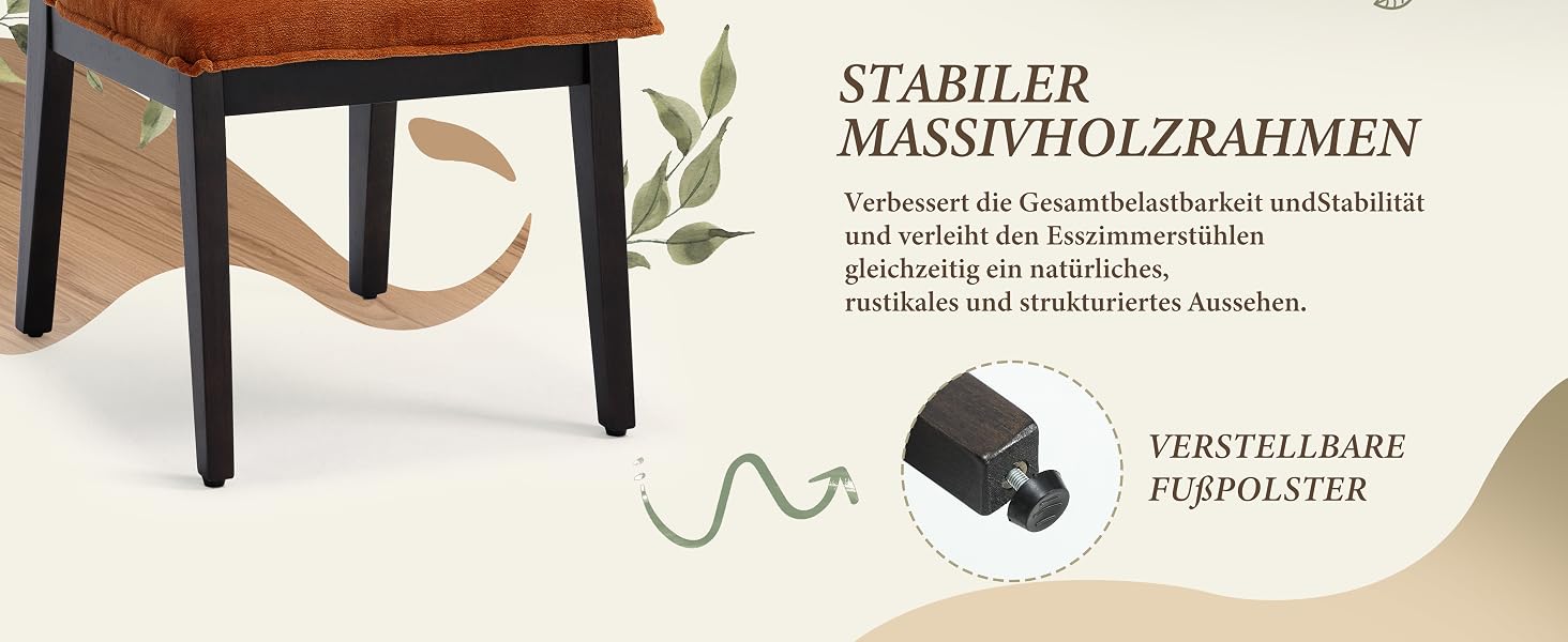 Der Text lautet „STABILIER REGALVHOLZRAHMEN“ und „VERSTELLBARE FUSSRASTER“. Holztisch mit abgebildetem Metallrahmen, verstellbaren Fußstabilisatoren und Befestigungsdetails.
