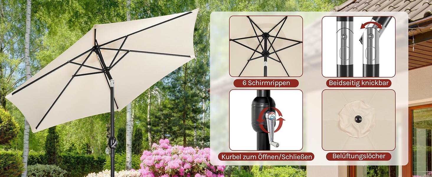 Sonnenschirm für den Außenbereich mit beigem Baldachin und schwarzem Rahmen. Verfügt über solarbetriebene LED-Leuchten, Kippfunktion und Kurbelhubsystem. Gezeigt in einer Gartenumgebung mit rosa Blumen