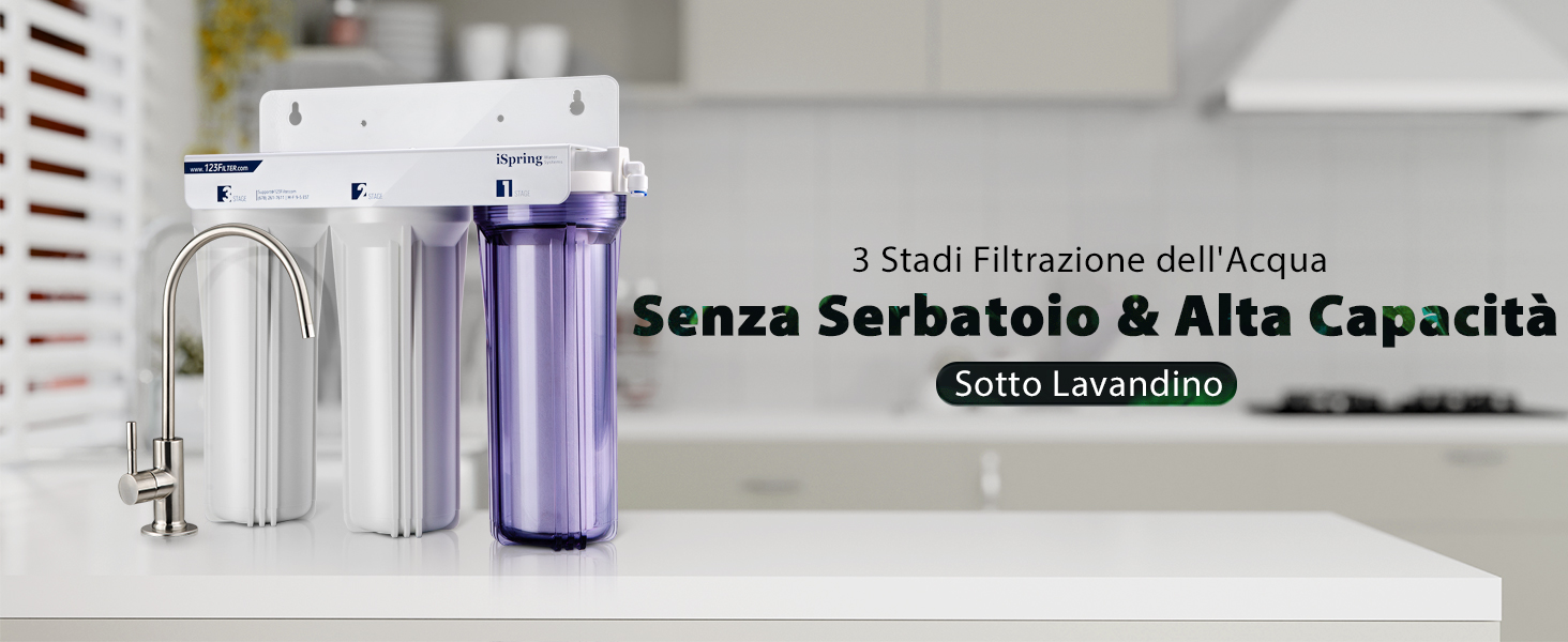 Sistema di filtrazione dell'acqua sotto il lavello con tre stadi di filtraggio. Filtri cilindrici bianchi e viola montati orizzontalmente, descritti come