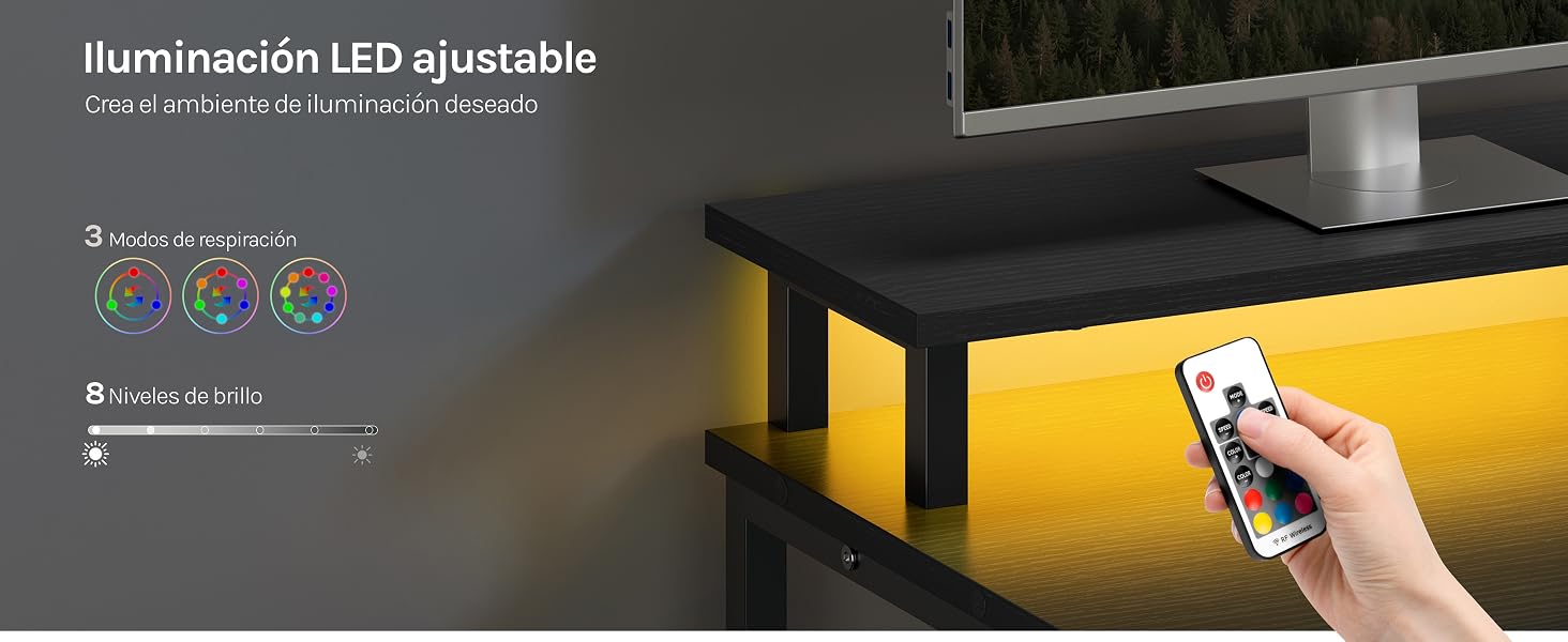 El texto dice «Iluminación LED ajustable». Se muestra una demostración del producto que muestra la función de iluminación LED ajustable con mando a distancia y se muestran varios modos de iluminación.
