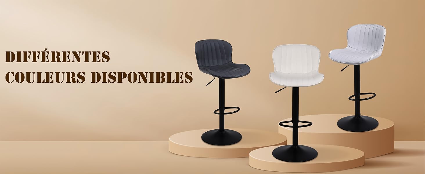 Le texte indique « DIFFÉRENTES COULEURS DISPONIBLES ». Présentation de trois tabourets de bar de différentes teintes, présentant un design minimaliste moderne avec des sièges incurvés.