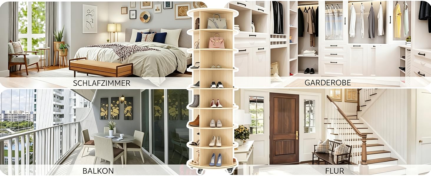 Der Text lautet „SCHLAFZIMMER“, „WOHNZIMMER“, „BADEZIMMER“, „FLUR“, „KINDER“. Zusammengesetztes Bild, das Einrichtungslösungen für Schlafzimmer, Wohnzimmer, Badezimmer, Flur und Kinderzimmer mit Mobiliar und Stauraum zeigt.