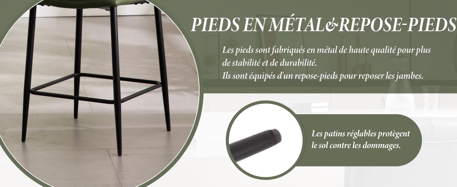 Pieds de chaise en métal noir avec coussinets de protection au sol. L'image montre un gros plan des pieds et un insert circulaire mettant en valeur la texture du coussin pour la protection du sol