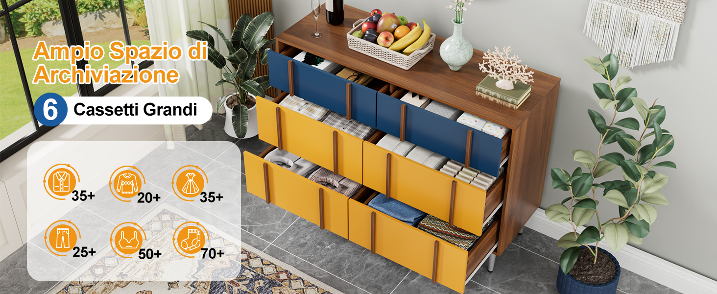 Il testo recita «Cassetti Grandi» e i prezzi sono «25+», «50+», «75+». Mobile contenitore in legno con più grandi cassetti in tessuto blu e giallo, esposti con oggetti organizzativi e piante in vaso.