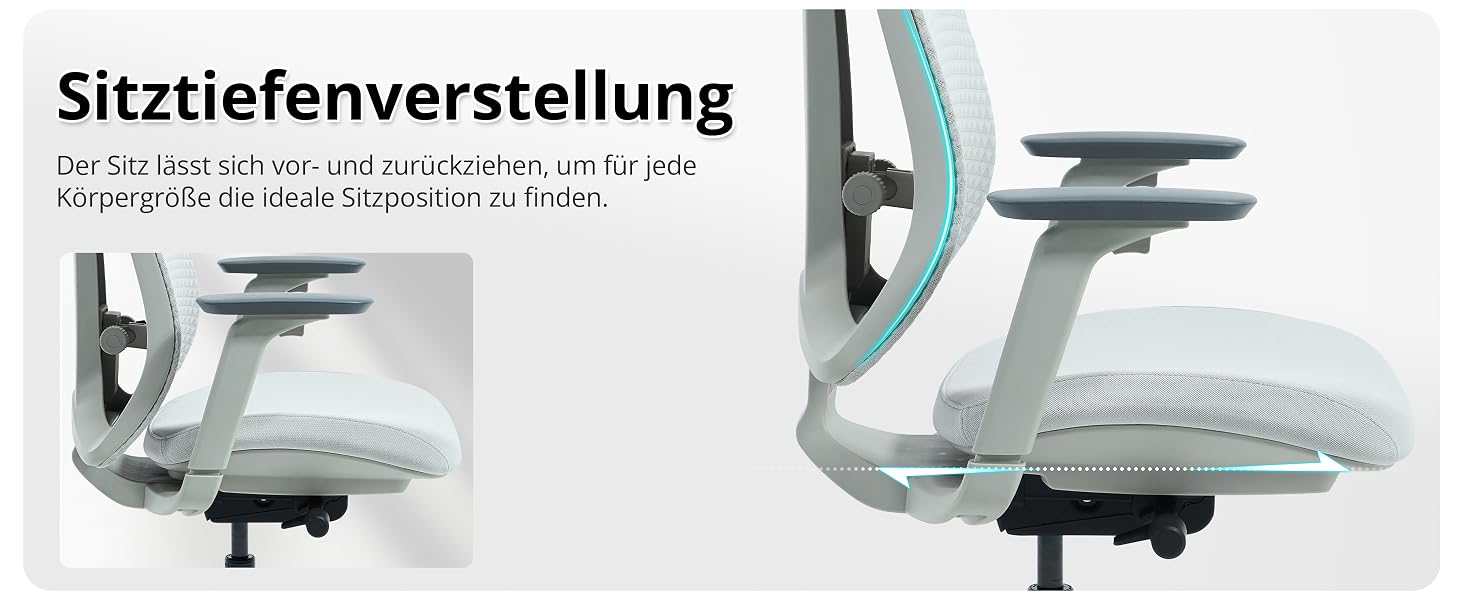 Der Text lautet „Sitztiefenverstellung“. Technisches Diagramm, das die Mechanismen und Positionen der Stühle aus verschiedenen Winkeln in Grau und Weiß zeigt.