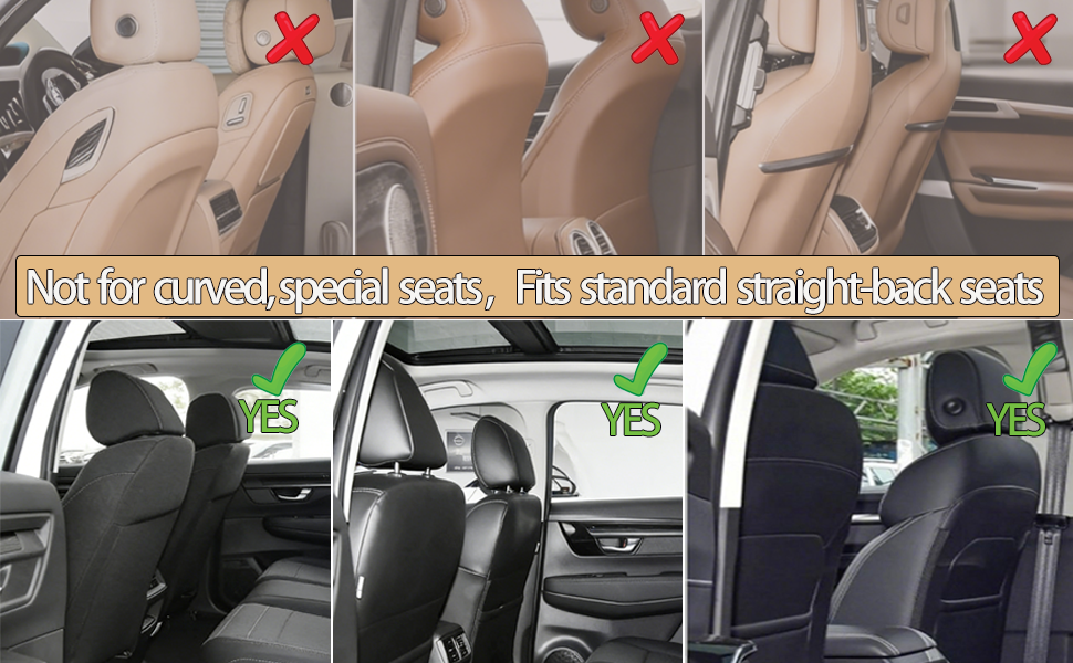 Text reads 'Not for curved/raised seats, fits standard straight-back seats.' Comparison images showing correct and incorrect car seat installations.