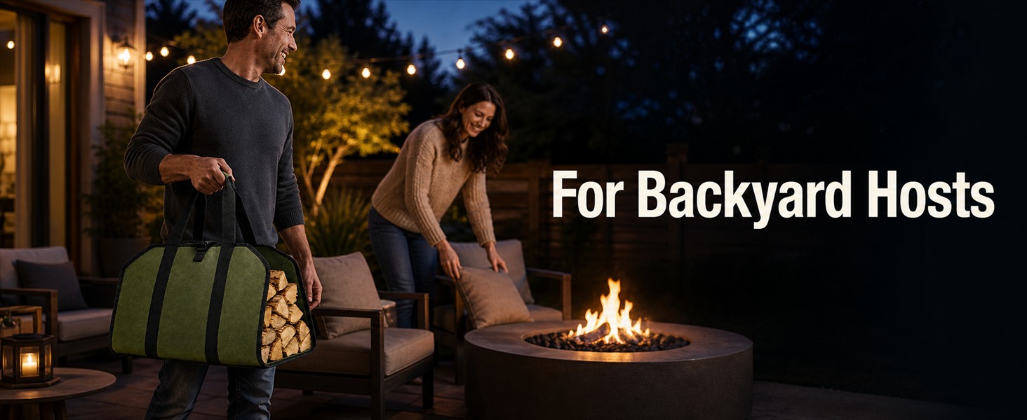  Man carries a loaded olive green firewood tote while a woman prepares a backyard fire pit.