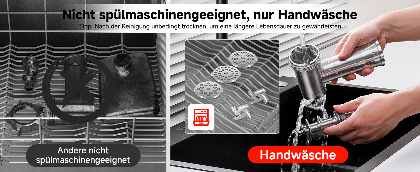 Der Text lautet „Nicht spülmaschinengeeignet, nur Handwäsche“ und „Handwäsche“. Auf den Bildern mit den Pflegehinweisen steht, dass das Produkt nicht spülmaschinengeeignet ist, und die Anweisungen zum Händewaschen sind mit rotem Banner.