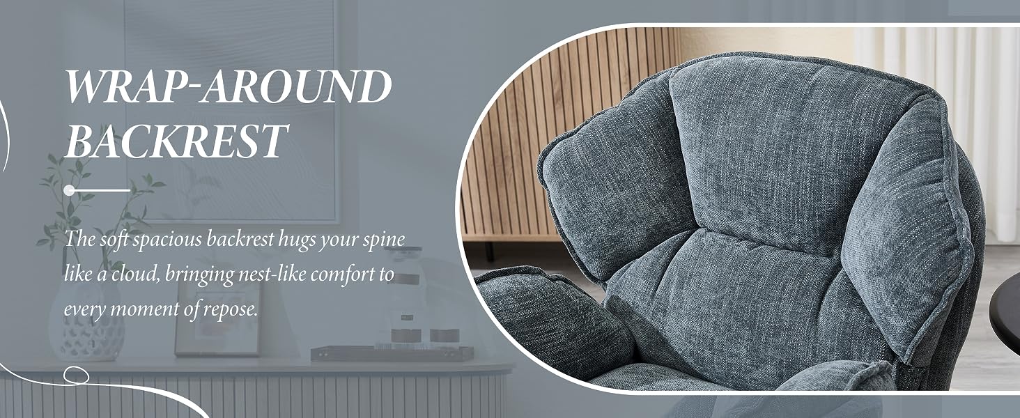Plush gray wrap-around backrest cushion on a chair, providing spine support. Text describes it as bringing 'cloud-like comfort to every moment of repose.'
