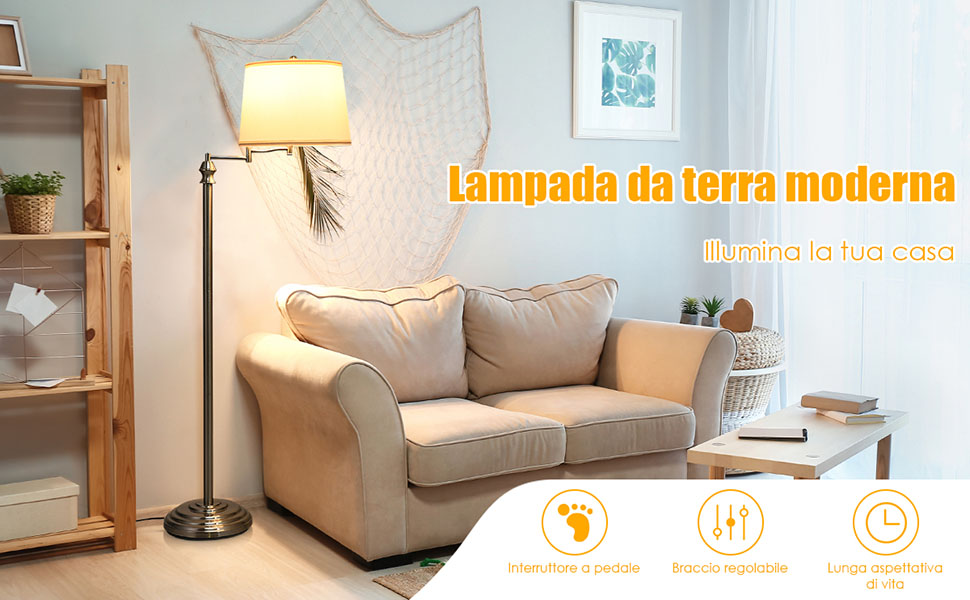 RELAX4LIFE Lampada da Terra, Lampada a Stelo, Piantana in Ferro, Paralume  Beige in Tessuto, Interruttore a Pedale, Luce Gialla Calda, Stile Vintage,  Ideale per Soggiorno, Studio, Potenza Massima 60 W