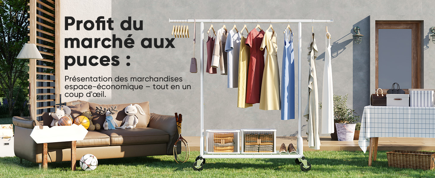 Le texte se lit comme suit : « Profit du marché aux puces ». Scène extérieure montrant un porte-vêtements avec vêtements suspendus, un canapé marron et des boîtes de rangement en bois.