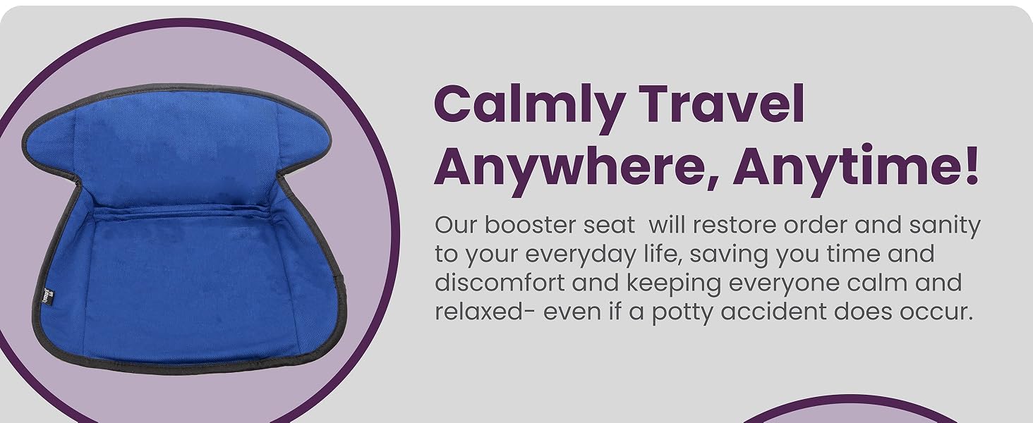 Advertisement for 'Calmly Travel Anywhere, Anytime!' featuring a partial view of a blue cushion or seat. Promises comfort during travel.