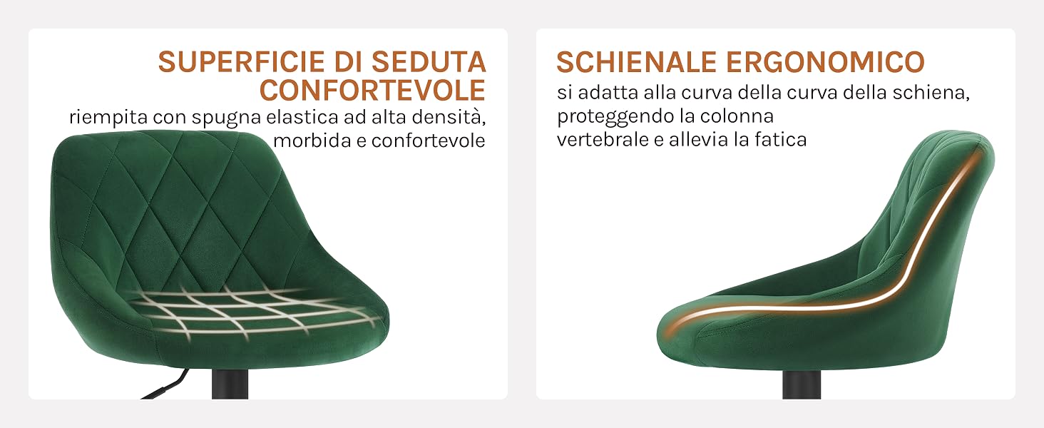 Sedia da ufficio in velluto verde con seduta trapuntata e schienale curvo. Le caratteristiche includono imbottitura in schiuma ad alta densità, design ergonomico e finiture dorate lungo i