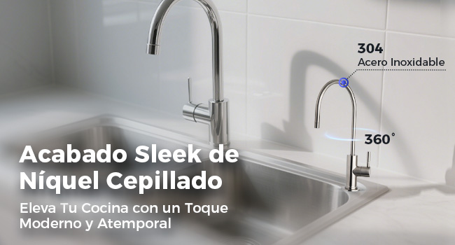 Le texte se lit comme suit : « Finition Sleek en Nickel Brosse », « Touche Moderne et Intemporelle », « 360° ». Robinet de cuisine moderne au fini nickel brossé.