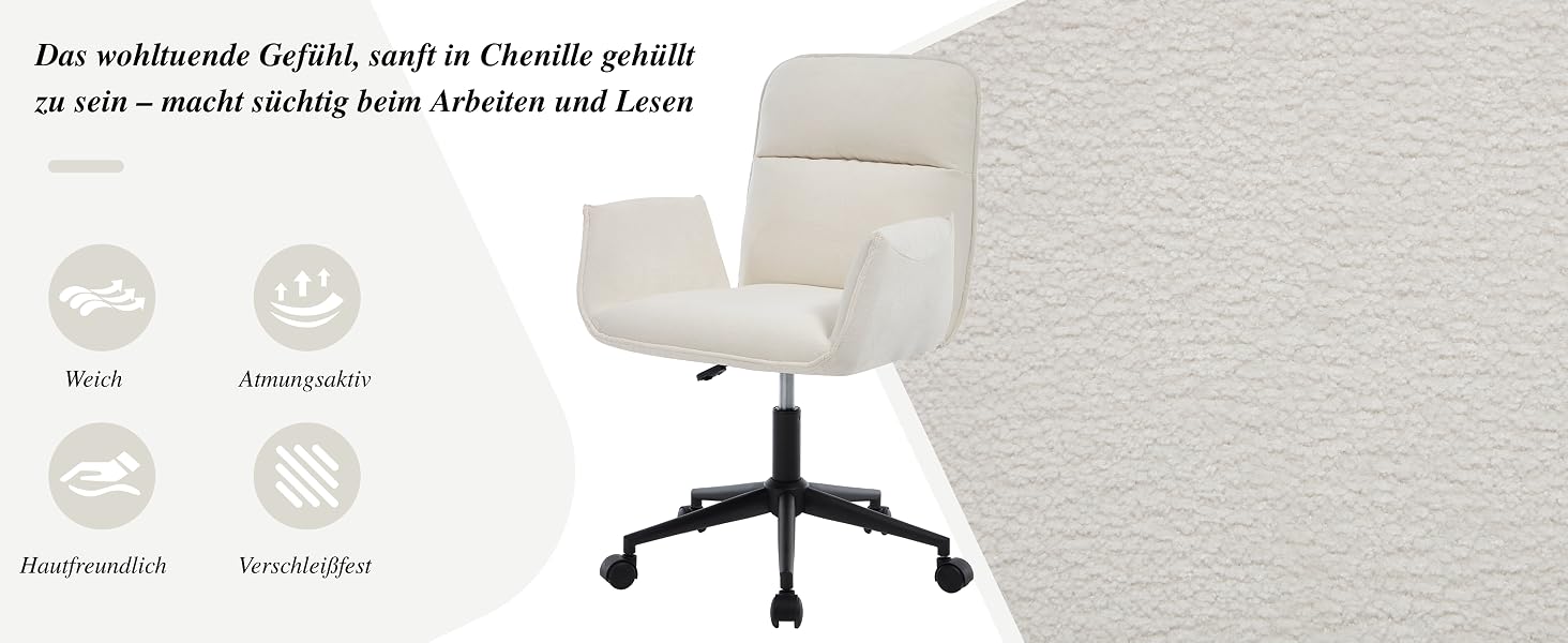 Weißer Bürostuhl mit ergonomischem Design, verstellbaren Armlehnen, Kopfstütze und Lendenwirbelstütze. Es werden mehrere Produktansichten vor weißem Hintergrund angezeigt.