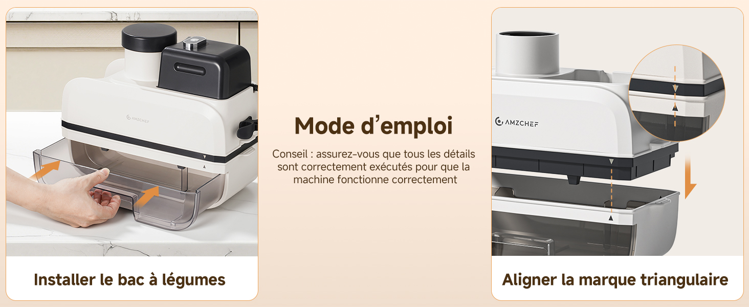 Le texte indique « Mode d'emploi ». Schéma d'instructions illustrant le processus d'assemblage étape par étape d'un appareil électronique blanc avec des composants et des marqueurs d'alignement.
