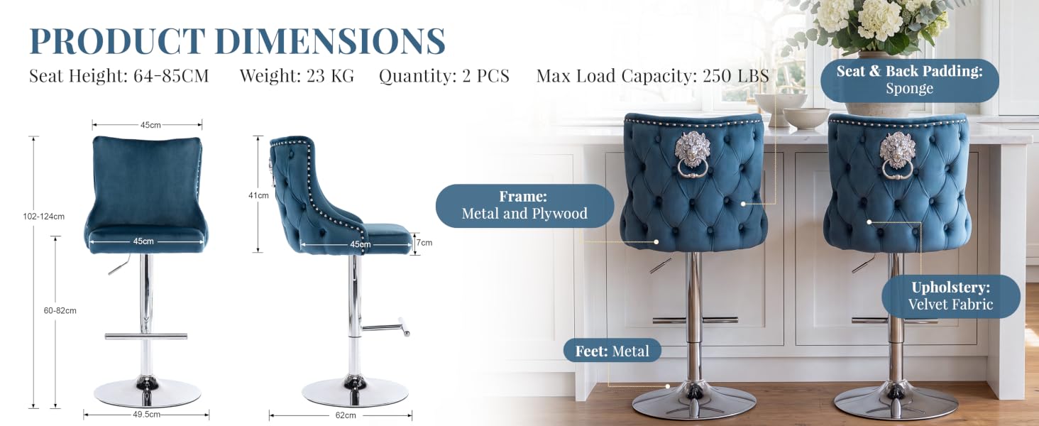 Text reads 'PRODUCT DIMENSIONS'. Image displays 6 variations of tufted accent chairs in different colors (navy, teal, blue denim) shown with dimension measurements and specifications. Flat-lay product photography layout.