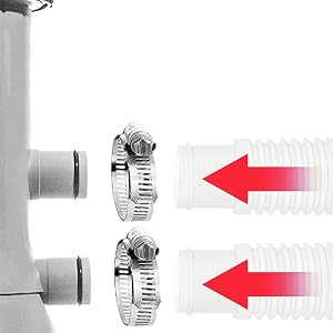 Close-up of two metal hose clamps or pipe clamps. Red arrows point to the clamps, indicating focus on these components.