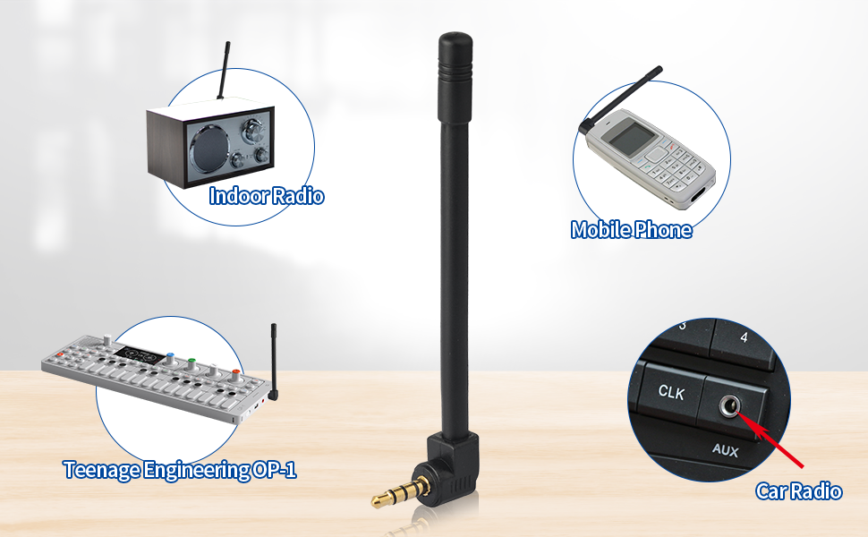 Collage of communication devices: indoor radio, mobile phone, keyboard with antenna, and standalone antenna with audio jack.