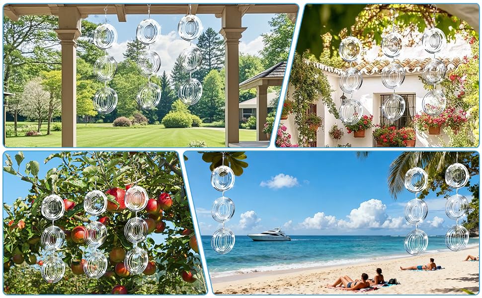 Collage de quatre scènes extérieures montrant des bulles de savon flottantes : décor de jardin, arrangements floraux, fond de forêt et paysage de plage avec vue sur l'océan.