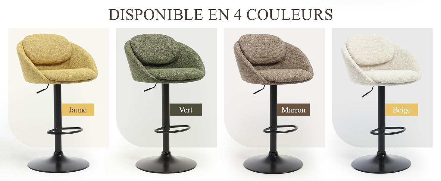 Le texte se lit comme suit : « DISPONIBLE EN 4 COULEURS ». Quatre tabourets de bar pivotants identiques de couleurs différentes : jaune, vert olive, marron et crème, chacun sur un piédestal noir.