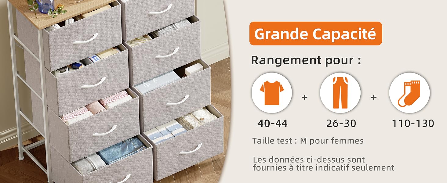 Le texte se lit comme suit : « Grande Capacité », « Rangement pour », « 60-44 », « 24-30 », « 110-130 ». Organiseur de rangement en tissu à quatre tiroirs avec panneaux frontaux transparents montrant des compartiments, affichés sur fond blanc avec des spécifications de taille.