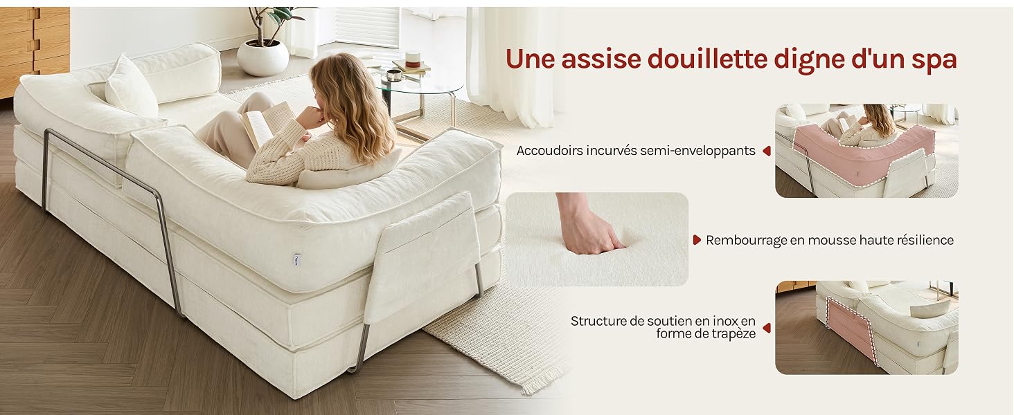 Image composite montrant des coussinets ou des semelles rembourrés sur une surface en tissu beige. Disposition à panneaux multiples illustrant le placement et l'utilisation des produits sur les textiles, avec un texte partiel visible en haut.