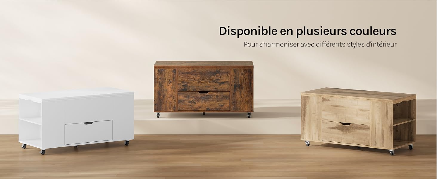 Le texte se lit comme suit : « Disponible en plusieurs couleurs » avec le sous-titre ci-dessous. Trois poufs/cubes de rangement en bois blanc, marron et crème affichés sur du parquet.