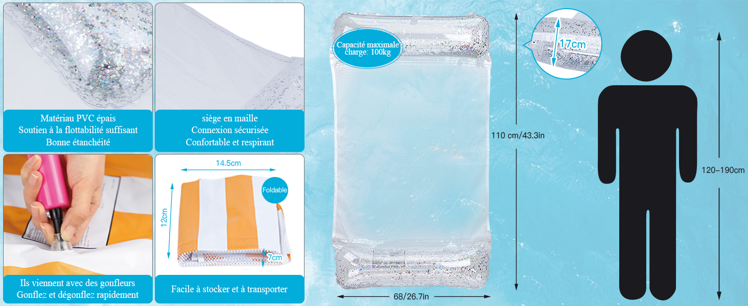 Guide de mesure du produit montrant les dimensions de l'autocollant adhésif et la comparaison de l'échelle de la figure humaine sur fond bleu clair.