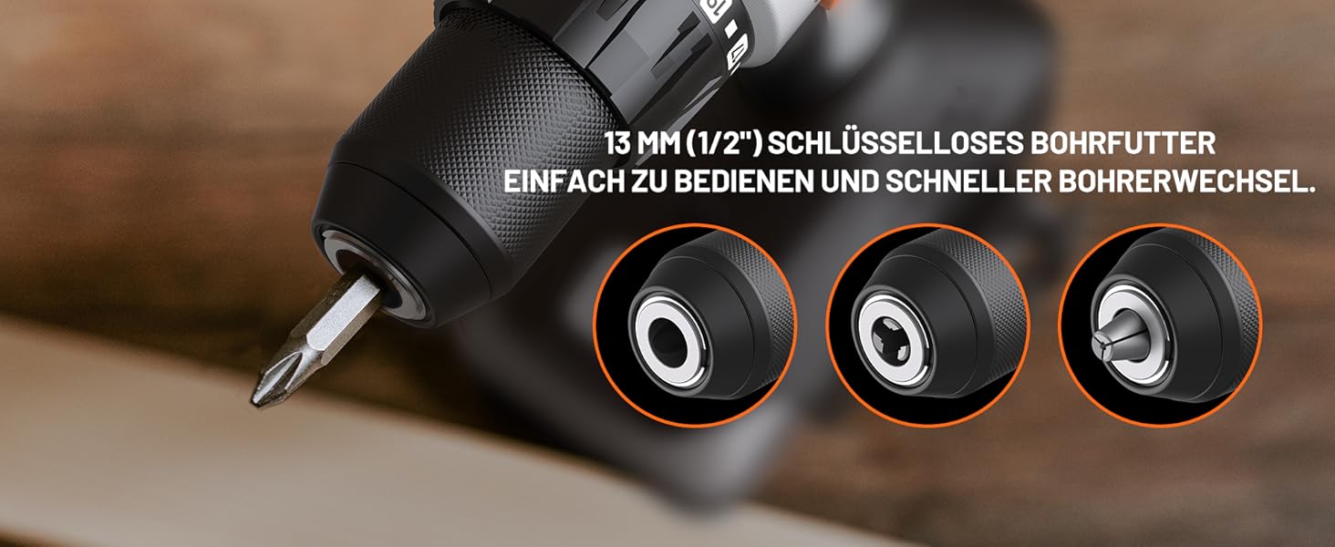 Schlüsselloses Bohrfutter mit 13 mm (1/2 Zoll) Fassungsvermögen. Die Nahaufnahme zeigt das strukturierte schwarze Gehäuse und drei Detailbilder, die den Öffnungsmechanismus des Bohrfutters hervorheben