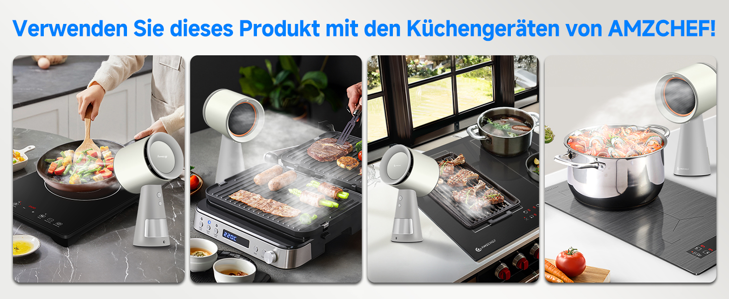 Text lautet: 'Verwenden Sie dieses Produkt mit den Küchengerstern von AMAGZER! ' Bild mit vier Feldern, das eine Kochvorführung mit einer Grillplatte oder einer Kochplatte zeigt.