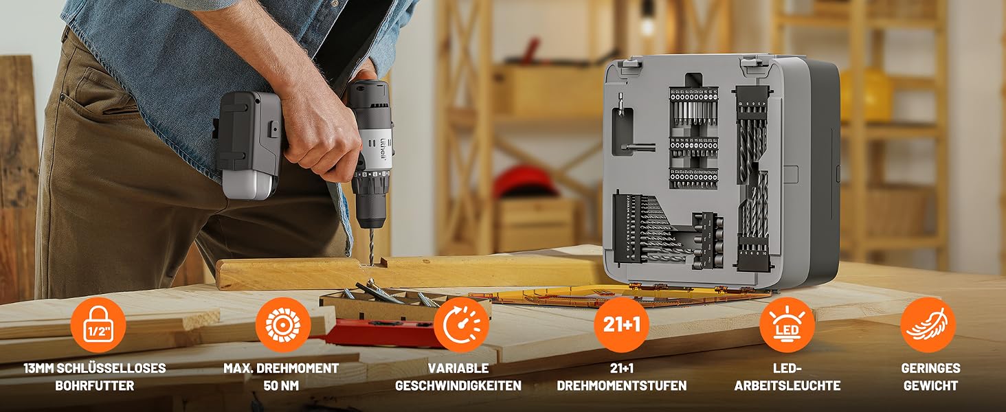 Akku-Bohrmaschine zur Verwendung auf Holz, mit kompaktem Werkzeugkoffer, in dem Bohrer und Zubehör verstaut werden. Die Symbole heben Funktionen wie den bürstenlosen Motor, die variable Geschwindigkeit und das LED-Licht