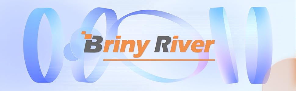 Logo design featuring the text 'Briny River' in gray and orange, with stylized blue curved shapes resembling water or waves surrounding it.