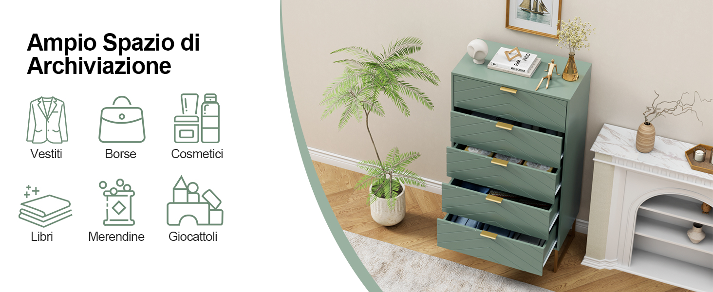 Il testo recita «Ampio Spazio di Archiviazione» con icone a 6 righe che mostrano le categorie di archiviazione. Comò verde con più cassetti e pianta decorativa in un ambiente moderno.