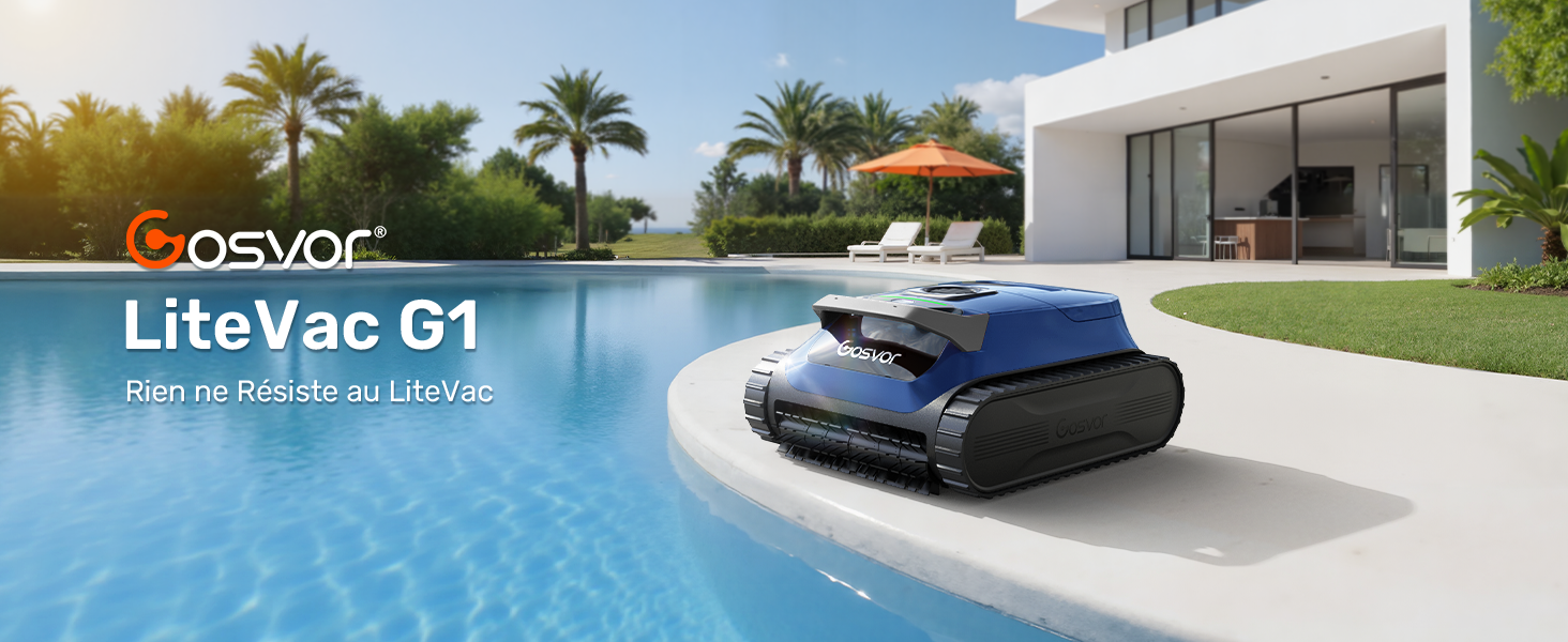 Le texte indique « OSMO », « Liteyac G1 ». Appareil robotique noir positionné au bord de la piscine sur la terrasse à côté d'une maison moderne, démontrant un équipement autonome de nettoyage ou d'entretien de piscine dans un environnement résidentiel extérieur.