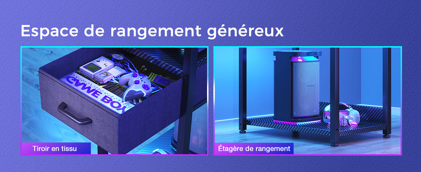 Le texte se lit comme suit : « Espace de rangement généreux ». Imagerie marketing teintée en bleu montrant des produits de stockage ou d'organisation.