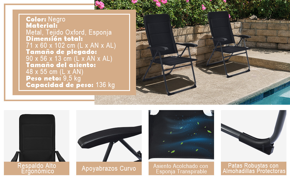 Juego de 2 Sillas de Jardín Reclinables