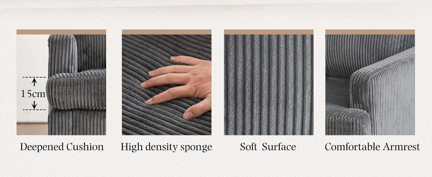 Text reads 'Deepened Cushion', 'High density sponge', 'Soft Surface', 'Comfortable Armrest'. Four panels showing different aspects of cushion material texture and construction.