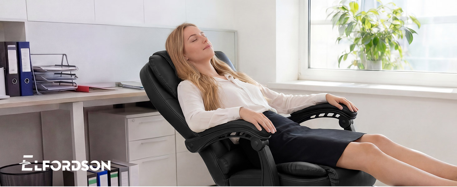 Text reads "EL FASHION". Woman in business casual attire reclining in black office chair at desk with laptop and window in background.