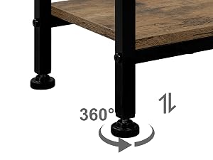 Close-up of furniture leg with 360-degree adjustable foot. Black metal support with wooden surface above, showcasing stability feature.