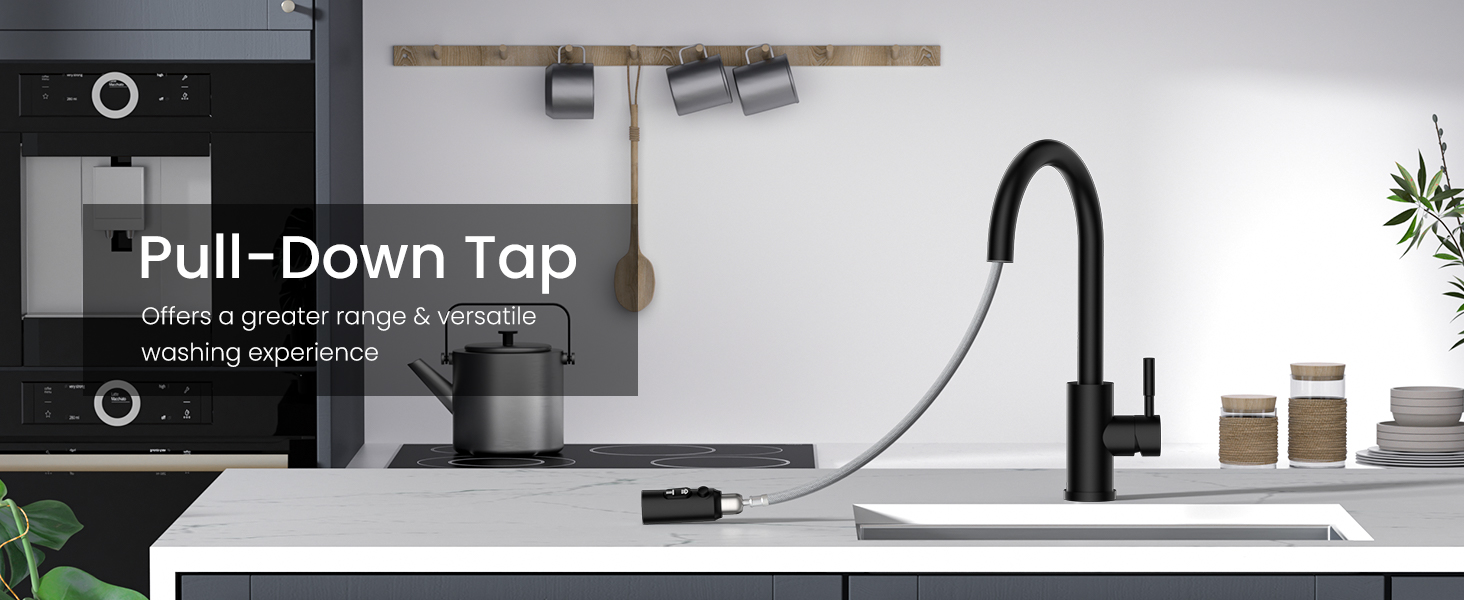 Text reads "Pull-Down Top". Kitchen sink faucet with chrome finish mounted above stainless steel sink. Modern white countertop and subway tile backsplash visible.