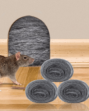 Gray, wool-like material in rolled bundles next to a mouse-sized hole. A small rodent is visible near the hole, suggesting pest control or exclusion product.