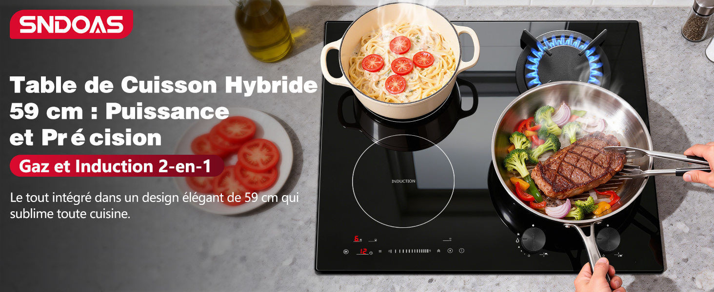 Le texte indique « Table de cuisson hybride » et « 58 cm : Puissance et précision ». Bannière publicitaire montrant une surface de cuisson avec des plats préparés et une flamme à gaz.