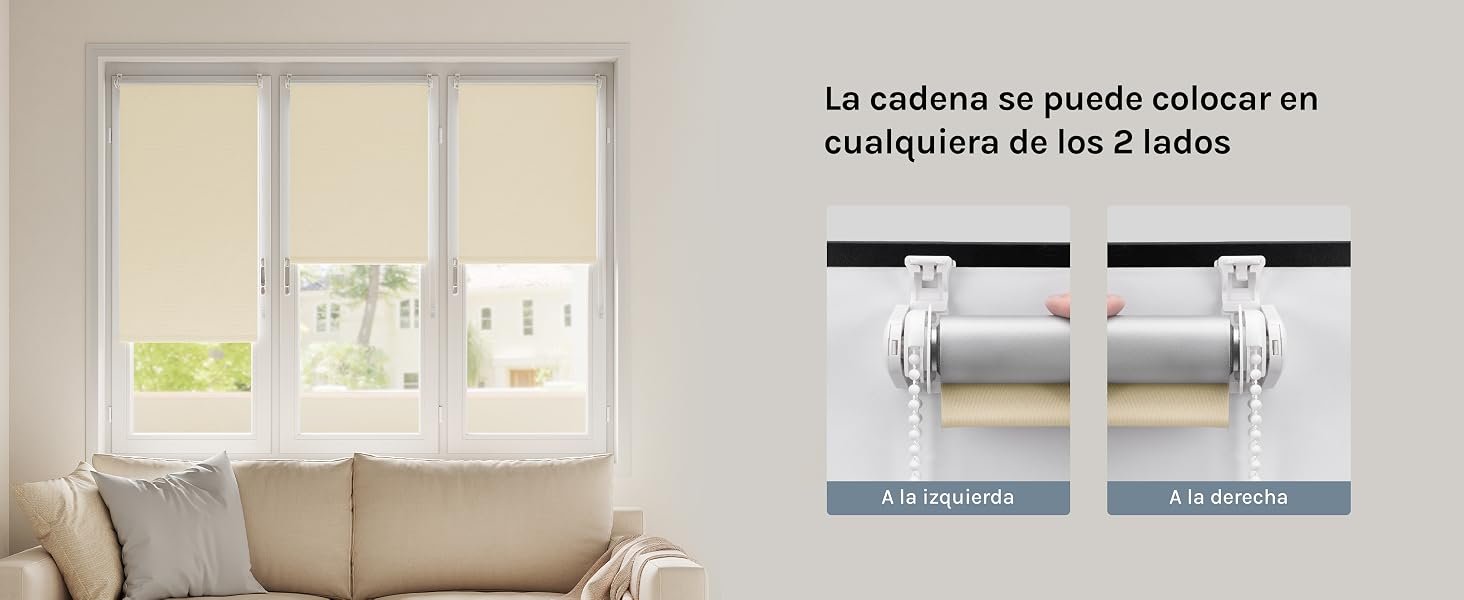El texto dice «La cadena se puede colocar en cualquiera de los 2 lados».
[SENTENCE 17] Diagrama de instalación que muestra las opciones de montaje de la persiana enrollable para ventanas con ilustraciones técnicas.