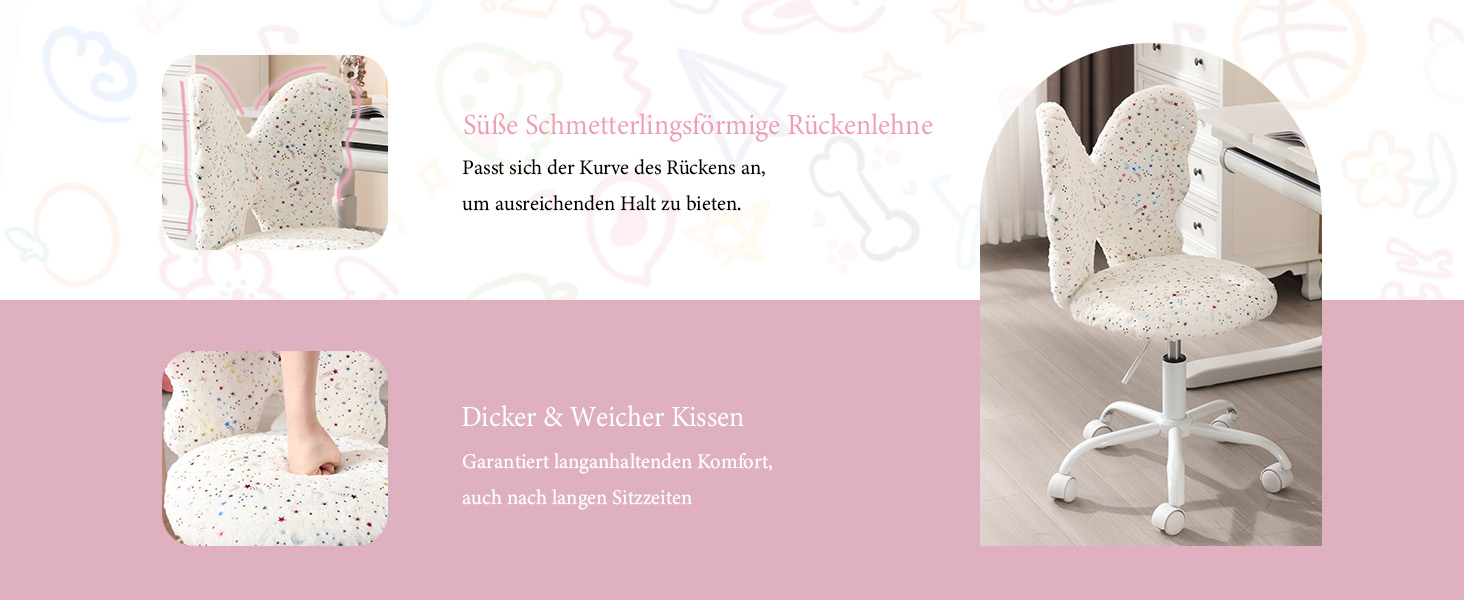 Weiß gesprenkelter Schreibtischstuhl mit schmetterlingsförmiger Rückenlehne. Zur Ausstattung gehören eine Höhenverstellbarkeit, ein drehbarer Standfuß und ein gepolsterter Sitz. Mehrere Ansichten zeigen die Details der Rückenlehne und