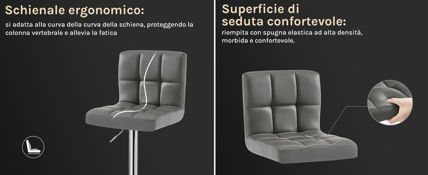 Sedia imbottita grigia con schienale ergonomico e altezza regolabile. L'immagine divisa mostra la superficie del sedile imbottita